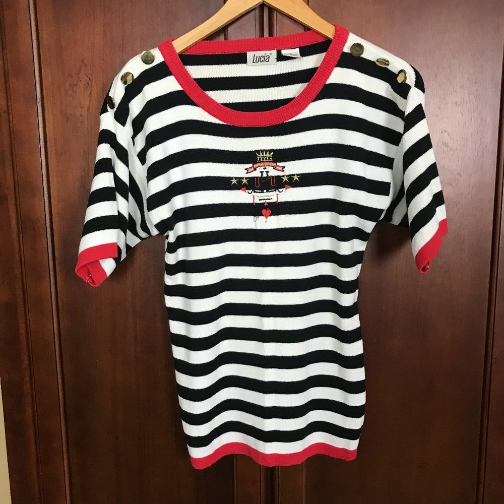 Vintage Lucia Women's Size S Striped 3 Button Shoulder Crew Neck Sweater Top